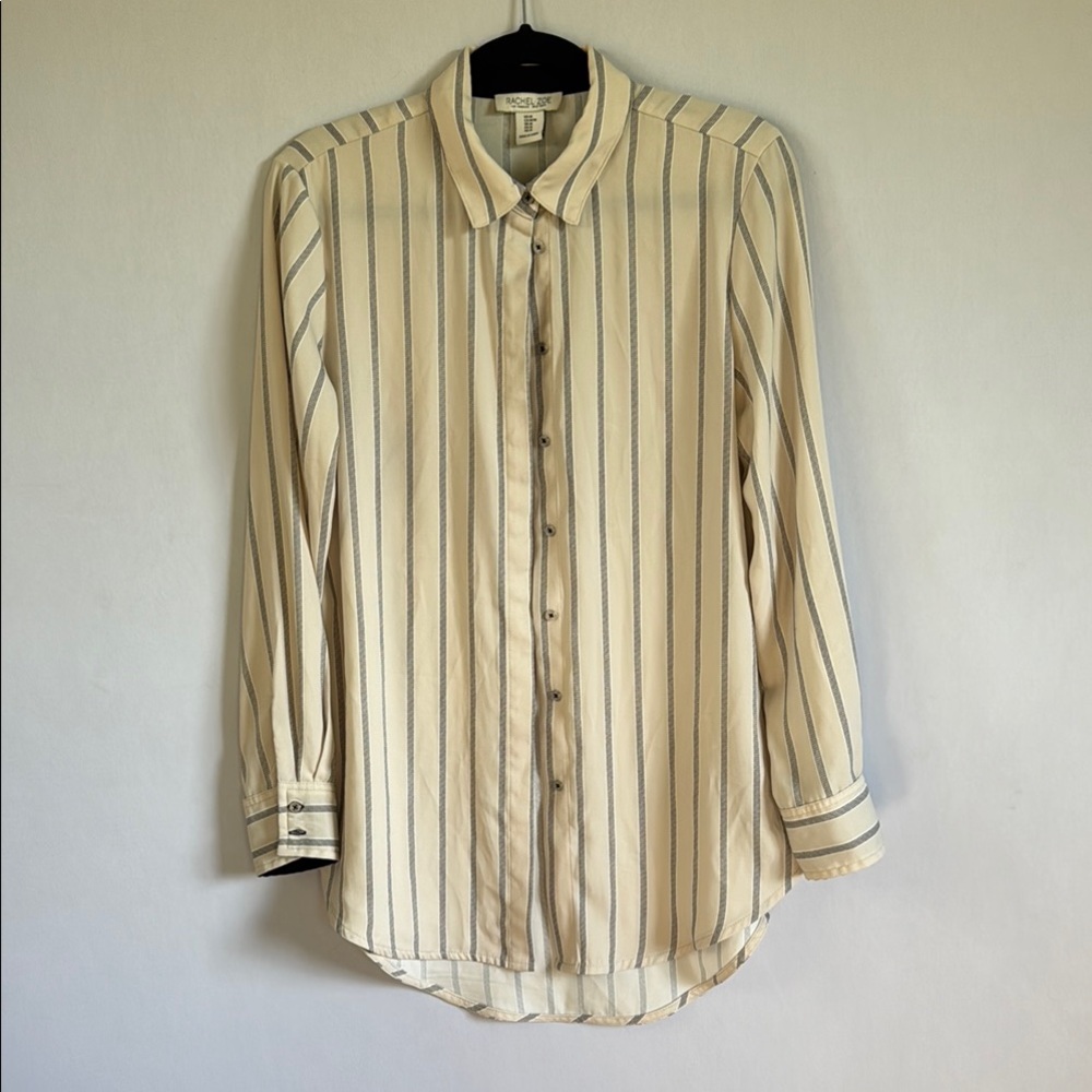 Rachel Zoe Cream Gray Striped Button Down Blouse Medium Oversized Boyfriend VGUC